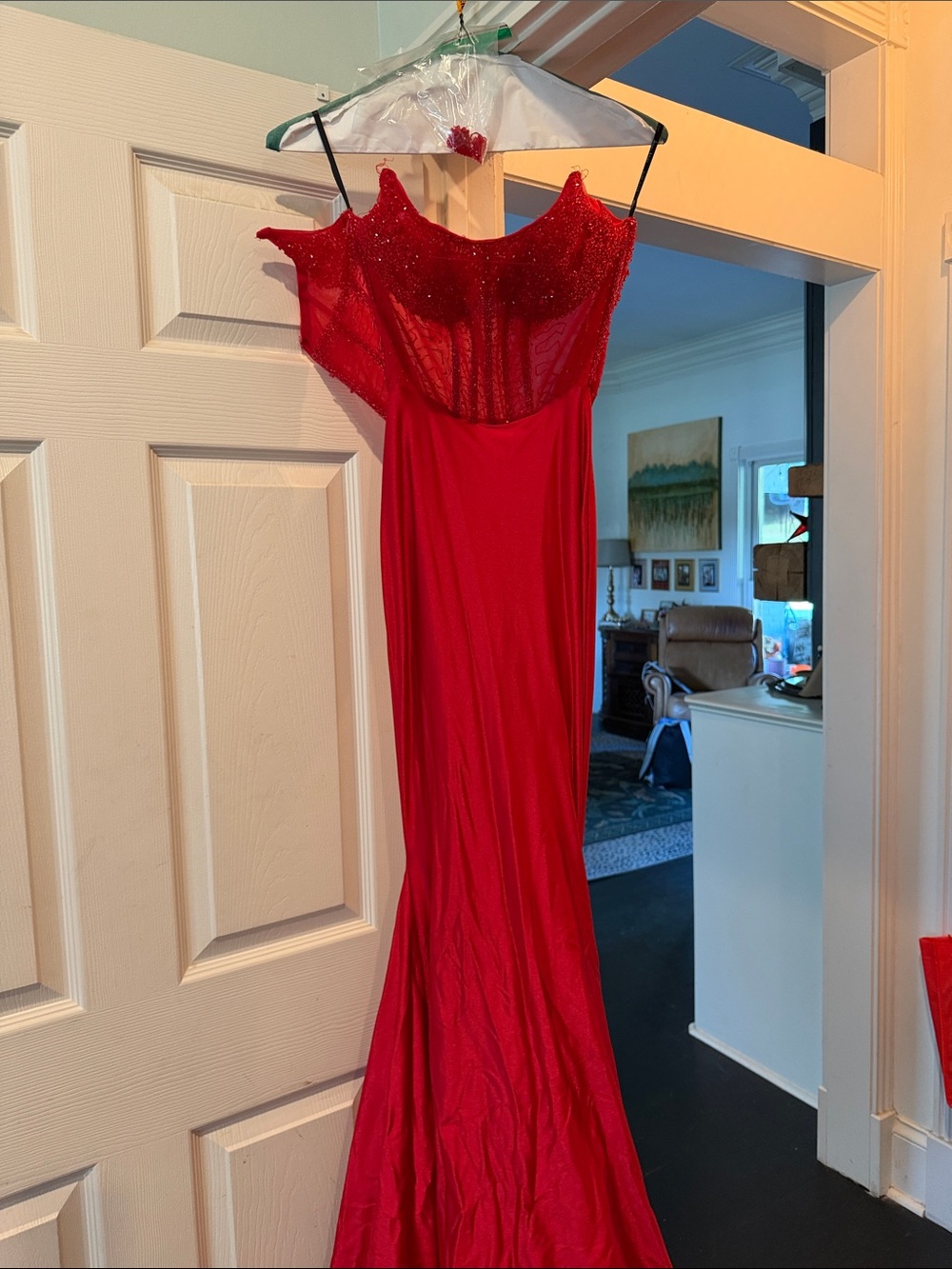 Red Off-Shoulder Beaded Prom Dress